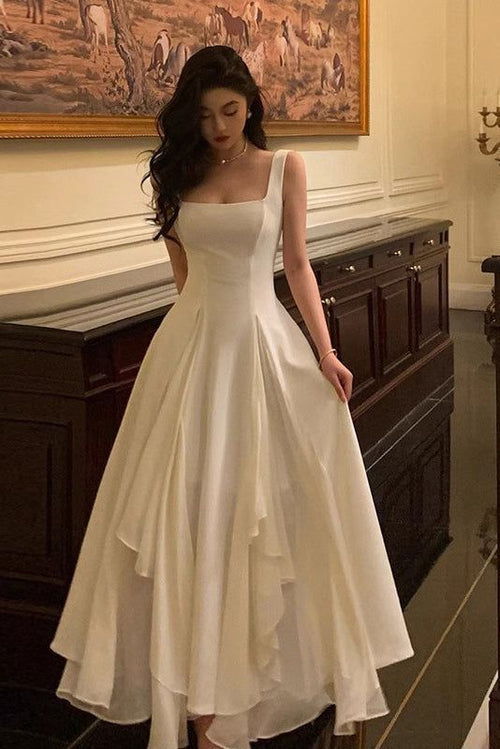 Gorgeous A Line Square Neckline Sleeveless White Date Night Dress Prom Dresses Birthday Outfits AB1915