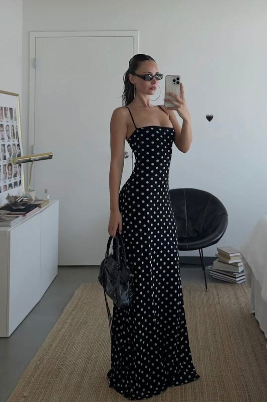 Sexy Mermaid Spaghetti Strap Black Polka Dot Formal Dress 18th Birthday Prom Dresses N2780
