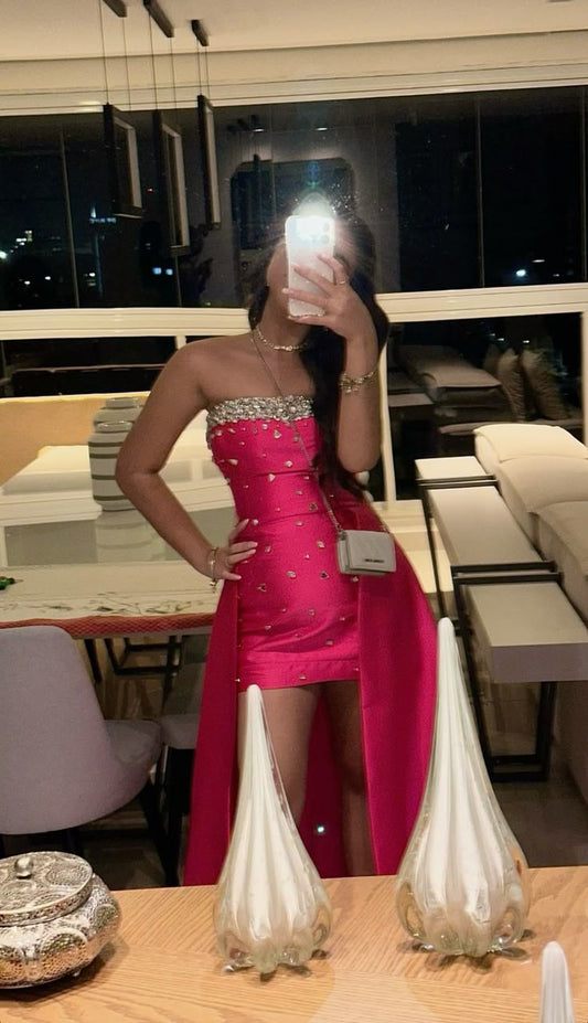 Classy Sheath Strapless Hot Pink Satin Prom Dresses With Silver Beads Party Gowns Long Evening Dress AB2176