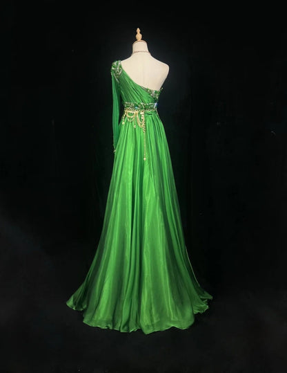 Sexy A Line One Shoulder Green Chiffon With Beads Gem Crystals Formal Dress Long Prom Dresses N2697