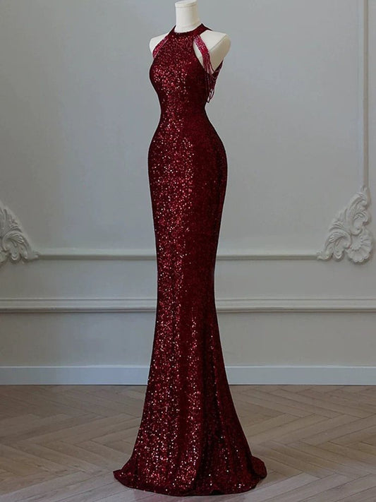 Sparkly Mermaid Scoop Burgundy Sequin For Teens Girls Women Long Formal Prom Evening Dresses Dinner Outfits Party Gowns AB2104