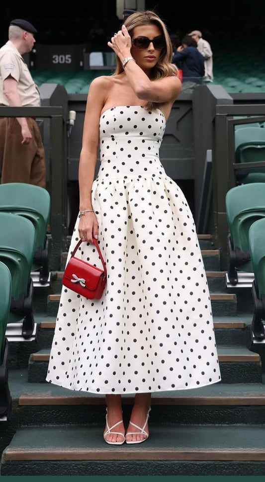 Chic Ball Gown Strapless Black Polka Dots Spring Formal Dress Long Prom Dresses N2668