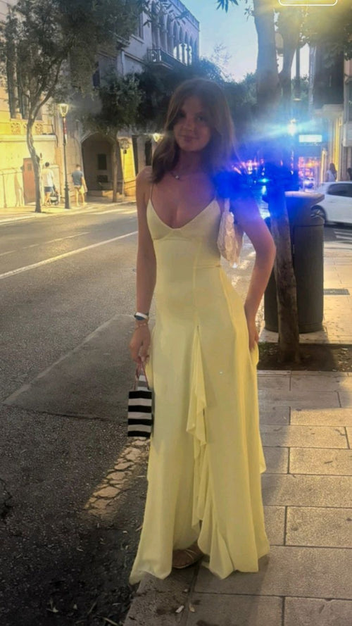 Modest Mermaid Prom Dresses For Women Spaghetti Straps Yellow Long Chiffon Party Gown N1518