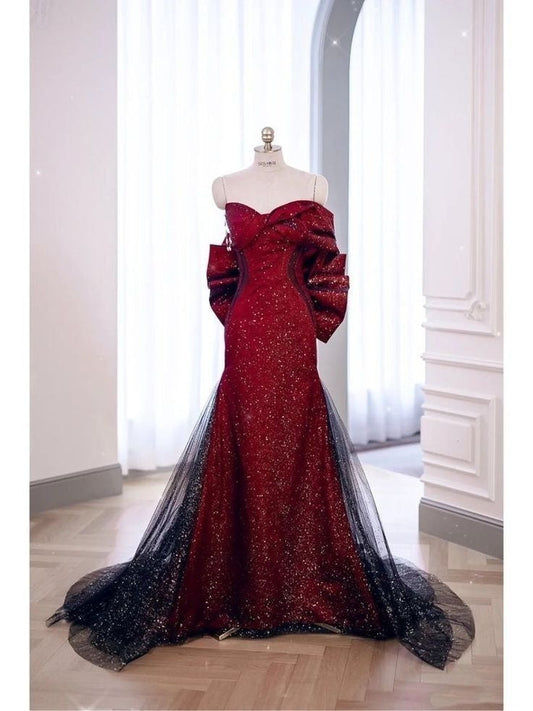 Sexy Special Occasion Dress Mermaid Sweetheart Red Black Tulle Prom Dresses With Pleated Party Dress Long Evening Dresses AB2105