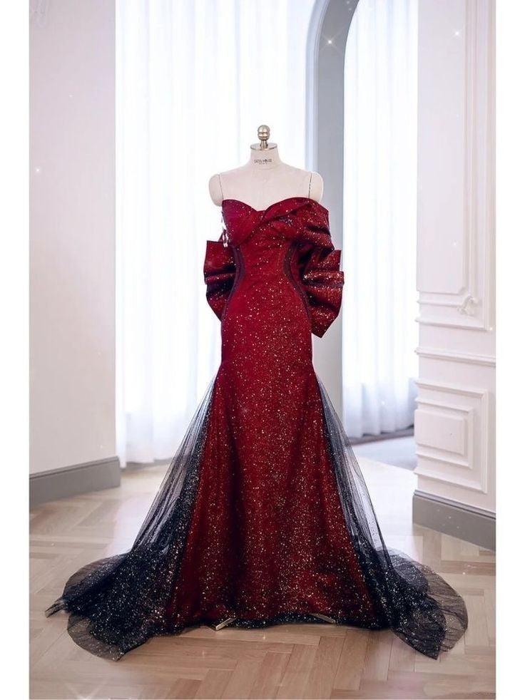 Sexy Special Occasion Dress Mermaid Sweetheart Red Black Tulle Prom Dresses With Pleated Party Dress Long Evening Dresses AB2105