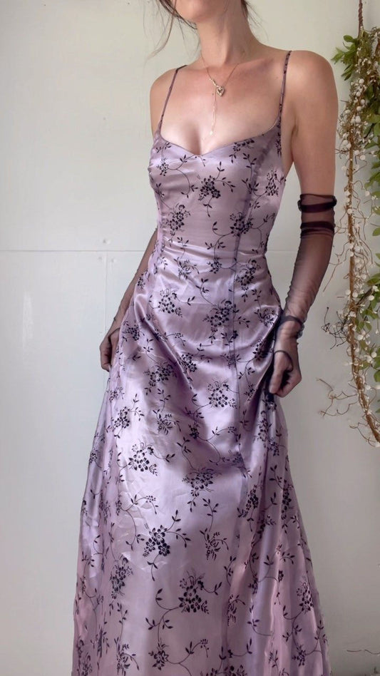 Vintage 80s A line Lilac Satin Black Lace Spaghetti Strap Formal Dress 21st Birthday Prom Dresses N2769