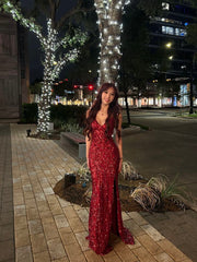 Elegant Mermaid V Neck Burgundy With Sequins Long Formal Fancy Evening Dress Dinner Outfits Classy Party Gowns AB2053