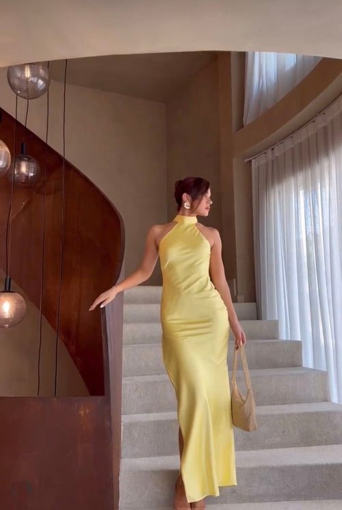 Sexy Mermaid High Neck Yellow With Split Formal Dress Long Prom Dresses N2692
