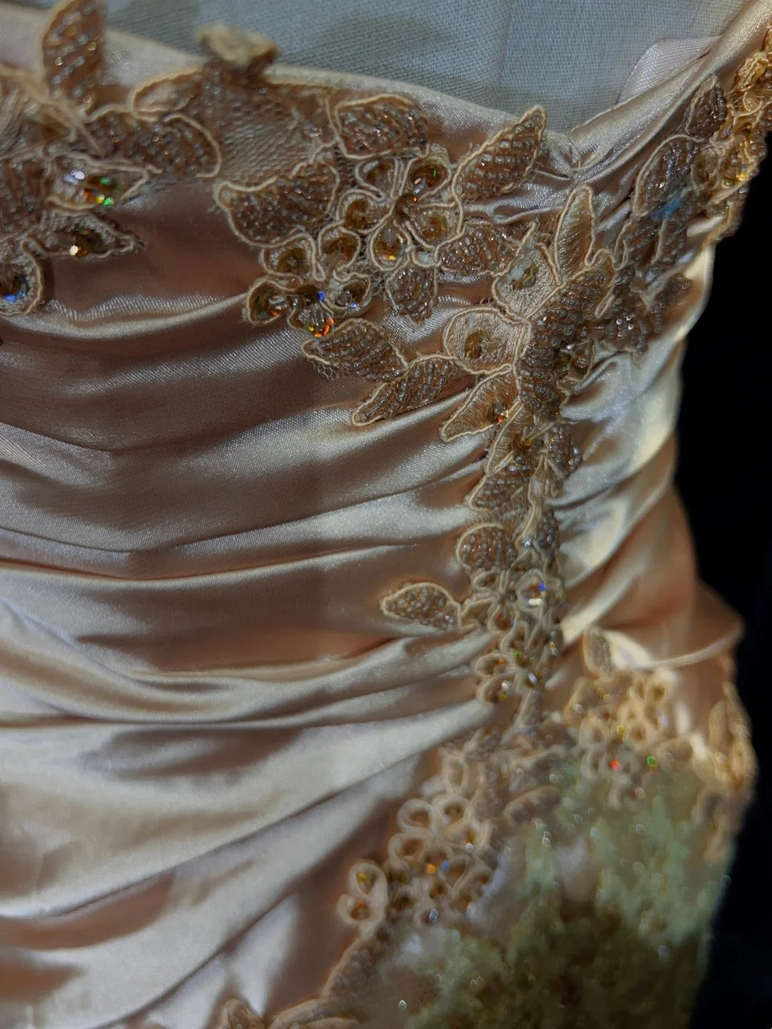 Glamour Prom Dresses Mermaid Strapless Blush Pink Satin Gold Lace With Beading Formal Evening Outfits N3835