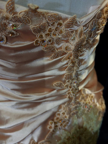 Glamour Prom Dresses Mermaid Strapless Blush Pink Satin Gold Lace With Beading Formal Evening Outfits N3835
