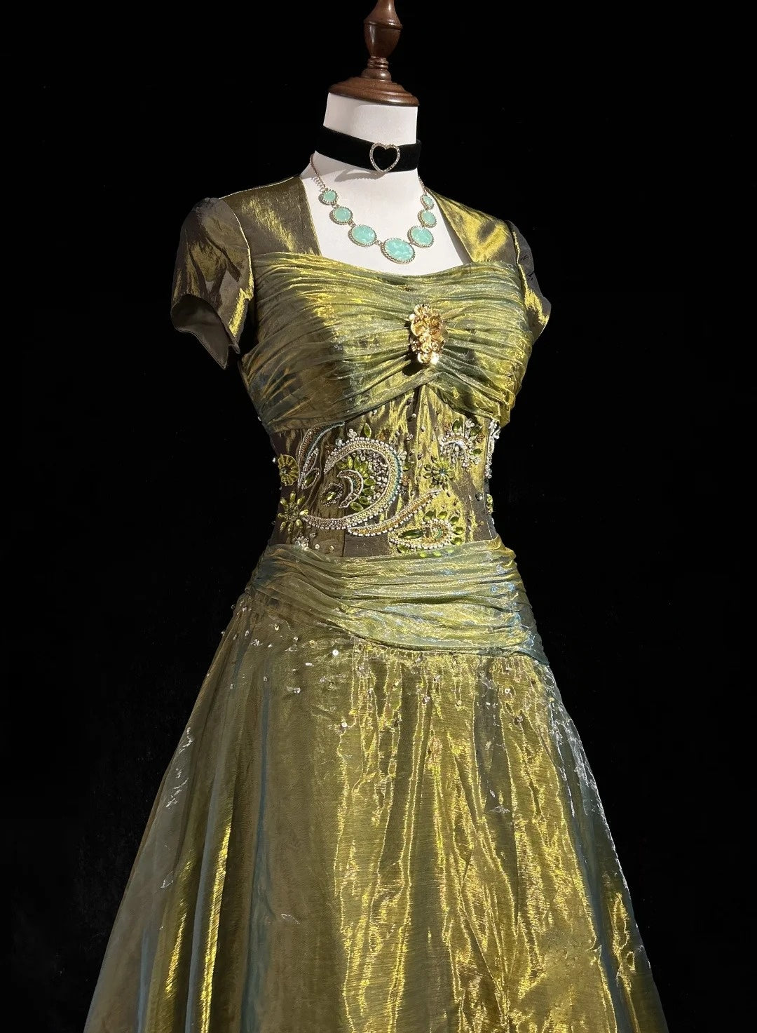 Vintage Prom Dresses Ball Gown Square Neck Olive Green 80s With Beading Long Formal Evening Outfits N3873