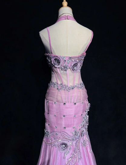 Modest Prom Dresses Mermaid Halter Lilac Tulle With Beading Lace Long Formal Evening Dress N3882