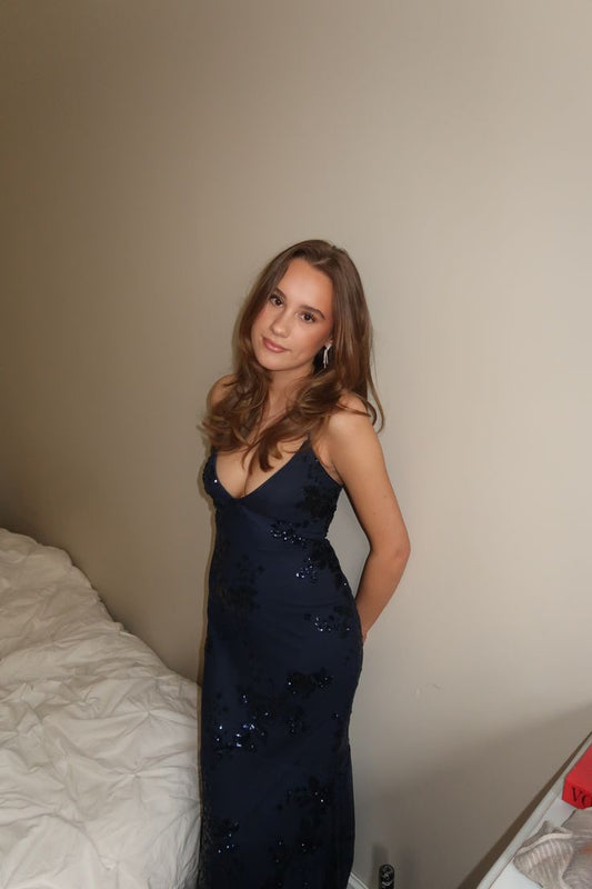 Modest Mermaid Prom Dresses For Women Spaghetti Straps Navy Blue Sequin Party Gown Birthday Gowns N1523