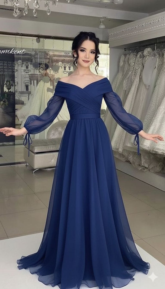 Elegant A line V Neck Royal Blue Winter Long Sleeves Formal Ideas Prom Evening Dress Dinner Outfits Party Gowns For Women AB2043