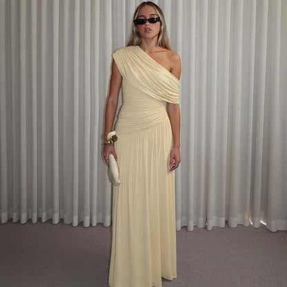 Women's Cocktail Party Gowns Sheath One Shoulder With Pleated Ruched Light Sky Blue Long Graduation Dinner Outfits Prom Dresses AB1872