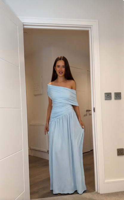 Women's Cocktail Party Gowns Sheath One Shoulder With Pleated Ruched Light Sky Blue Long Graduation Dinner Outfits Prom Dresses AB1872