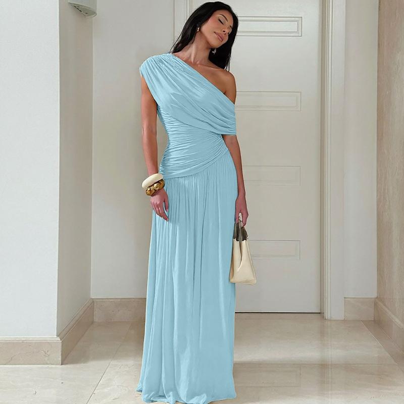 Women's Cocktail Party Gowns Sheath One Shoulder With Pleated Ruched Light Sky Blue Long Graduation Dinner Outfits Prom Dresses AB1872