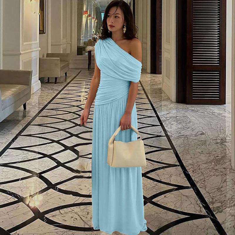 Women's Cocktail Party Gowns Sheath One Shoulder With Pleated Ruched Light Sky Blue Long Graduation Dinner Outfits Prom Dresses AB1872