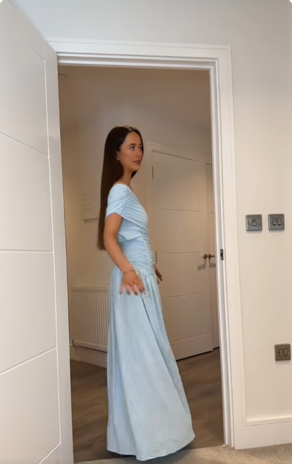 Women's Cocktail Party Gowns Sheath One Shoulder With Pleated Ruched Light Sky Blue Long Graduation Dinner Outfits Prom Dresses AB1872