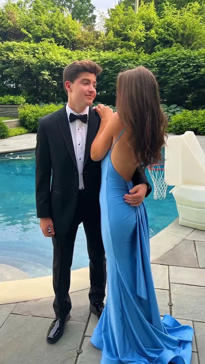 Modest Senior Prom Dresses High Schools Inspiration Mermaid Backless Blue Satin With Pleated Semi Formal Grad Long Prom Dress For Teens AB1986