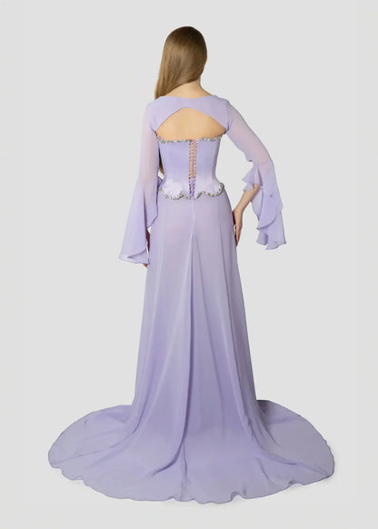 Elegant Mermaid 2 Pieces Square Neck Lilac Chiffon With Sleeves Long Formal Fancy Evening Dress Dinner Outfits Classy Party Gowns AB2023