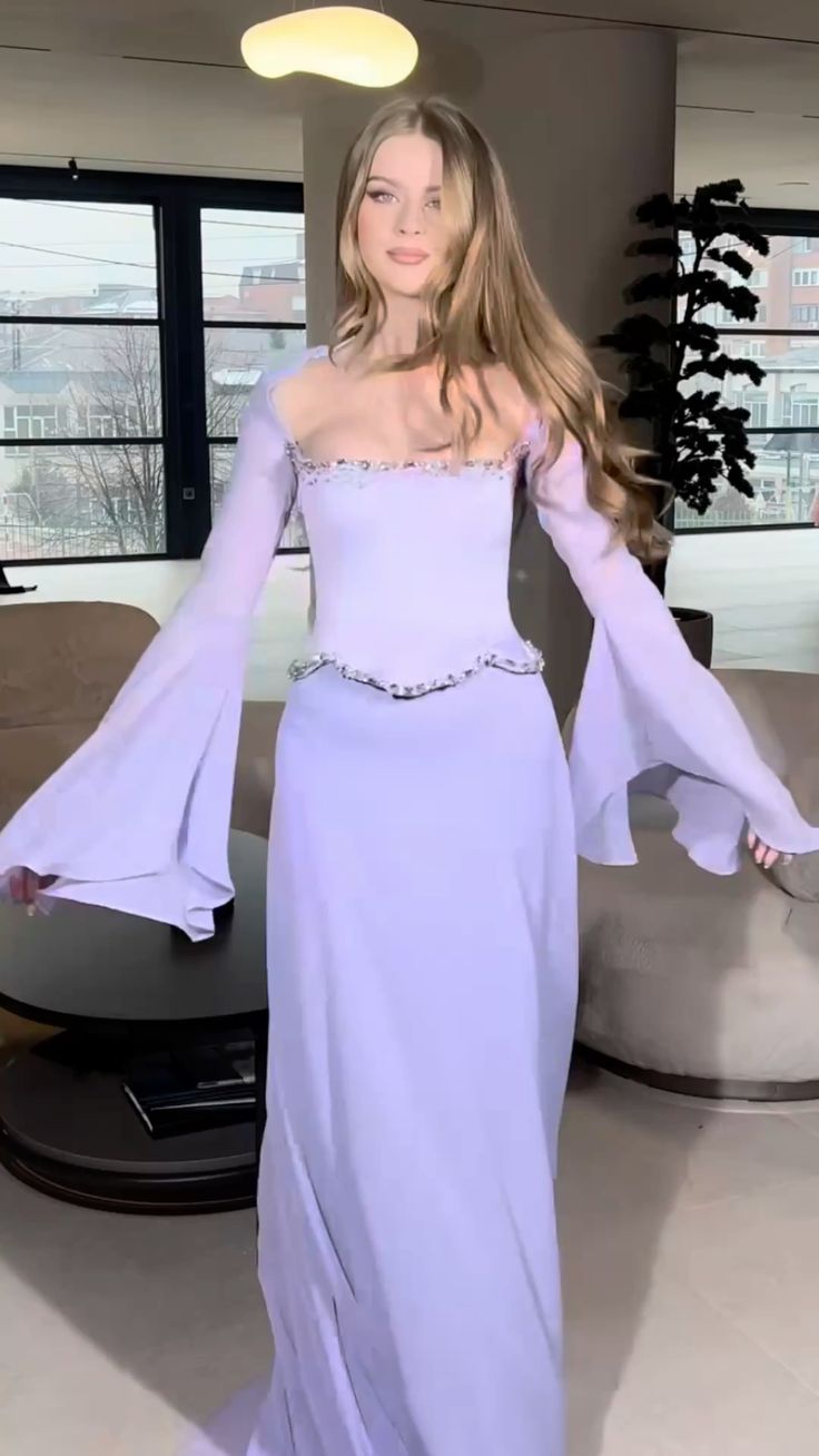 Elegant Mermaid 2 Pieces Square Neck Lilac Chiffon With Sleeves Long Formal Fancy Evening Dress Dinner Outfits Classy Party Gowns AB2023
