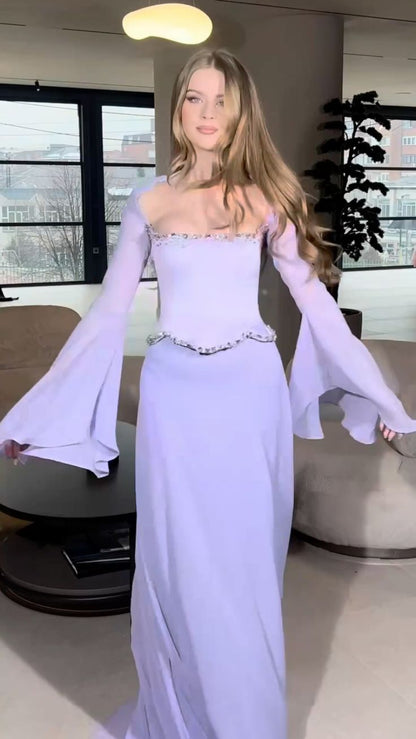 Elegant Mermaid 2 Pieces Square Neck Lilac Chiffon With Sleeves Long Formal Fancy Evening Dress Dinner Outfits Classy Party Gowns AB2023