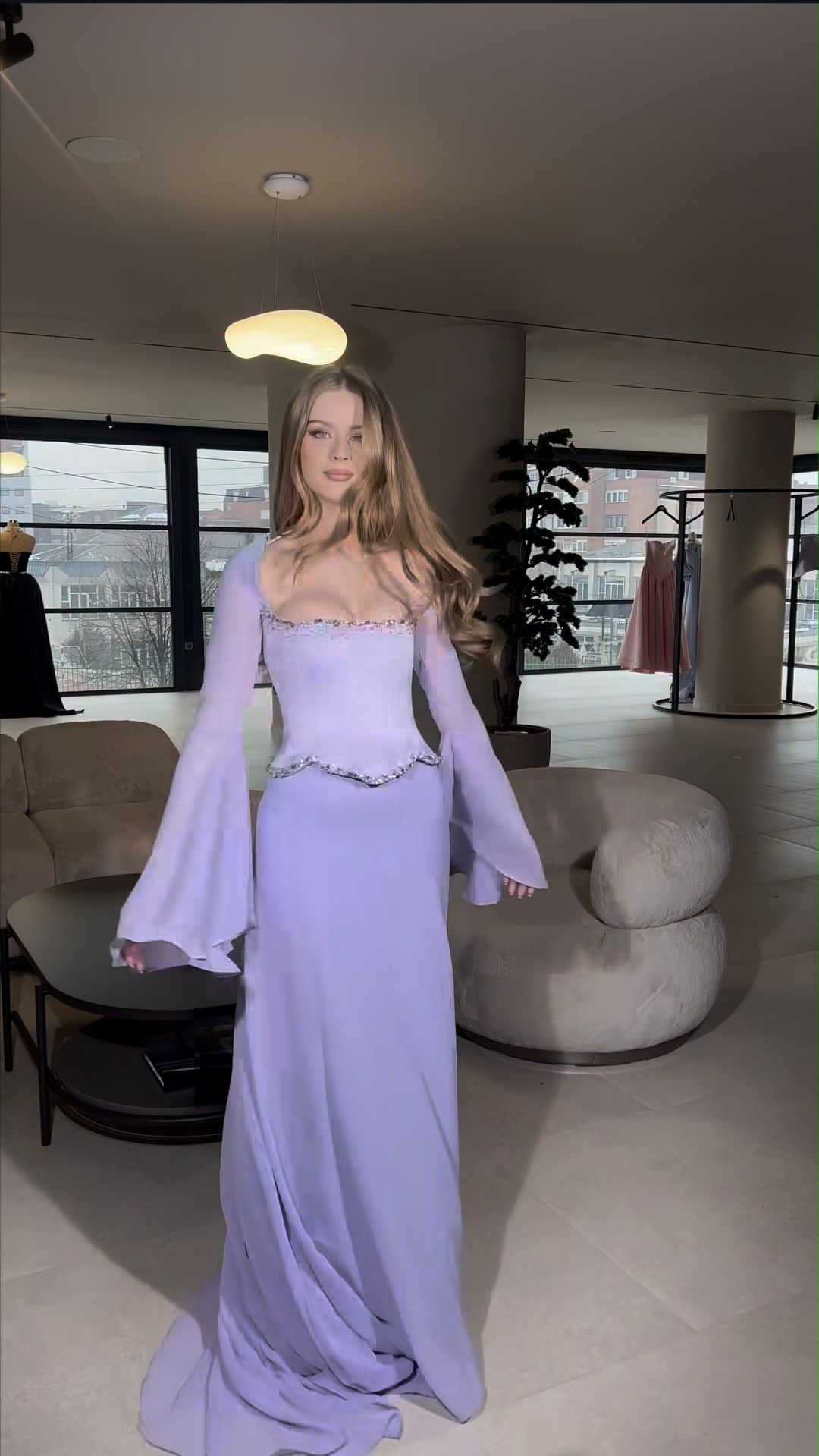 Elegant Mermaid 2 Pieces Square Neck Lilac Chiffon With Sleeves Long Formal Fancy Evening Dress Dinner Outfits Classy Party Gowns AB2023