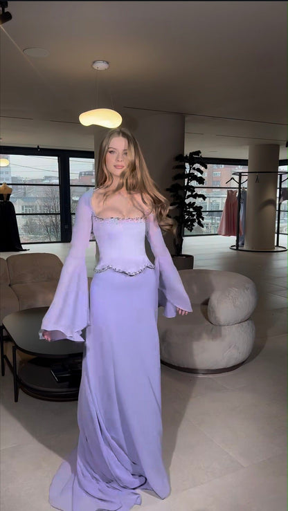 Elegant Mermaid 2 Pieces Square Neck Lilac Chiffon With Sleeves Long Formal Fancy Evening Dress Dinner Outfits Classy Party Gowns AB2023
