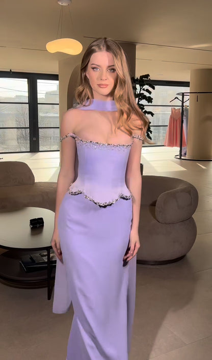Elegant Mermaid 2 Pieces Square Neck Lilac Chiffon With Sleeves Long Formal Fancy Evening Dress Dinner Outfits Classy Party Gowns AB2023
