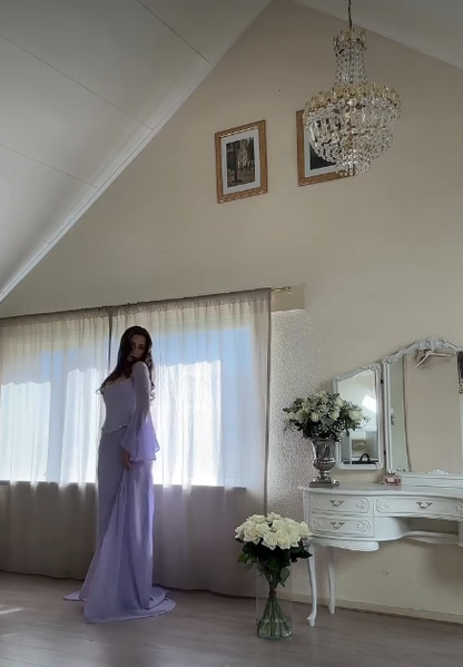 Elegant Mermaid 2 Pieces Square Neck Lilac Chiffon With Sleeves Long Formal Fancy Evening Dress Dinner Outfits Classy Party Gowns AB2023