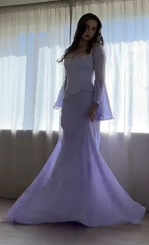 Elegant Mermaid 2 Pieces Square Neck Lilac Chiffon With Sleeves Long Formal Fancy Evening Dress Dinner Outfits Classy Party Gowns AB2023