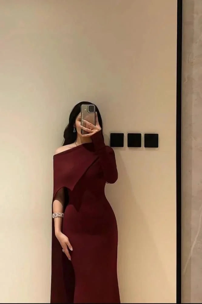 Elegant Mermaid One Shoulder Burgundy With Sleeves Winter Long Formal Ideas Prom Evening Dress Dinner Outfits Party Gowns For Women AB2037