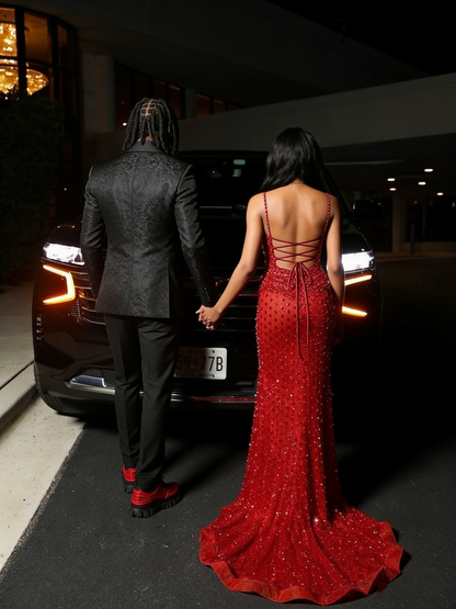 Sexy Special Occasion Dress Mermaid Sweetheart Red Prom Dresses With Split Beads Party Dress Long Evening Dresses AB2113