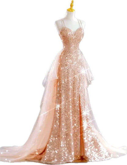 Chic Mermaid Spaghetti Straps Lilac Sequins Long Formal Fancy Prom Evening Dress Dinner Outfits Party Gowns For Teens AB2172