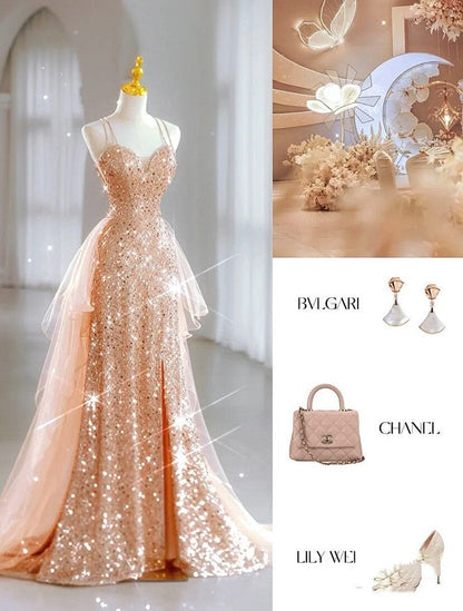 Chic Mermaid Spaghetti Straps Lilac Sequins Long Formal Fancy Prom Evening Dress Dinner Outfits Party Gowns For Teens AB2172