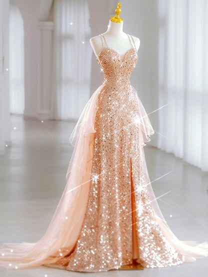 Chic Mermaid Spaghetti Straps Lilac Sequins Long Formal Fancy Prom Evening Dress Dinner Outfits Party Gowns For Teens AB2172