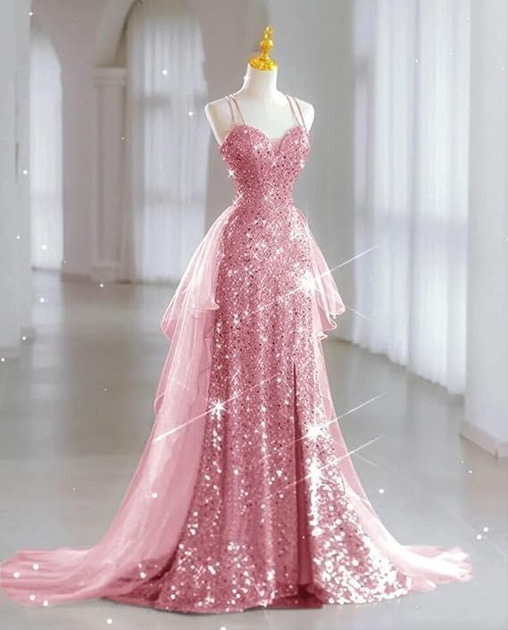 Chic Mermaid Spaghetti Straps Lilac Sequins Long Formal Fancy Prom Evening Dress Dinner Outfits Party Gowns For Teens AB2172