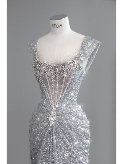 Modest Mermaid Square Neck Sequins With Beaded Silver Gray Prom Dresses Inspiration Long Party Evening Dress 19th Birthday Outfits AB2276