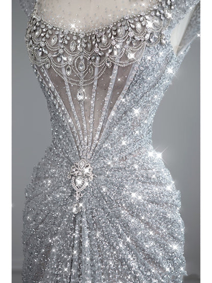 Modest Mermaid Square Neck Sequins With Beaded Silver Gray Prom Dresses Inspiration Long Party Evening Dress 19th Birthday Outfits AB2276