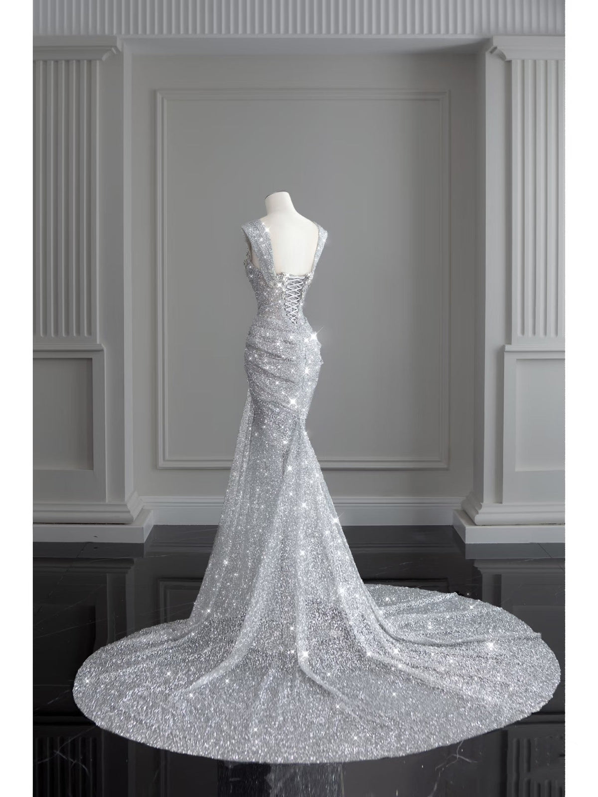 Modest Mermaid Square Neck Sequins With Beaded Silver Gray Prom Dresses Inspiration Long Party Evening Dress 19th Birthday Outfits AB2276