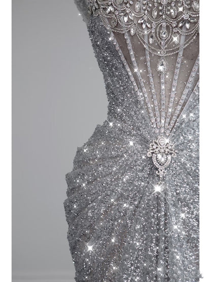 Modest Mermaid Square Neck Sequins With Beaded Silver Gray Prom Dresses Inspiration Long Party Evening Dress 19th Birthday Outfits AB2276