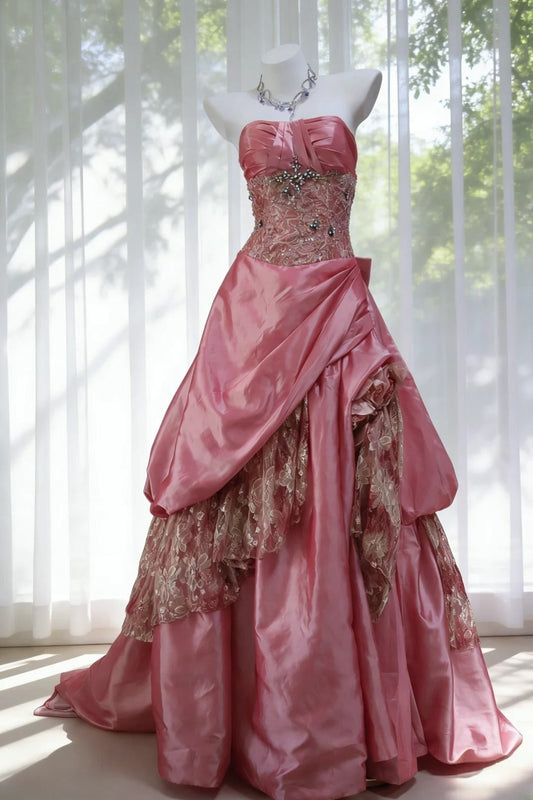 Vintage Ball Gown Strapless Pink Taffeta Prom Dresses Inspiration Long Party Evening Dress 20th Birthday Outfits AB2345