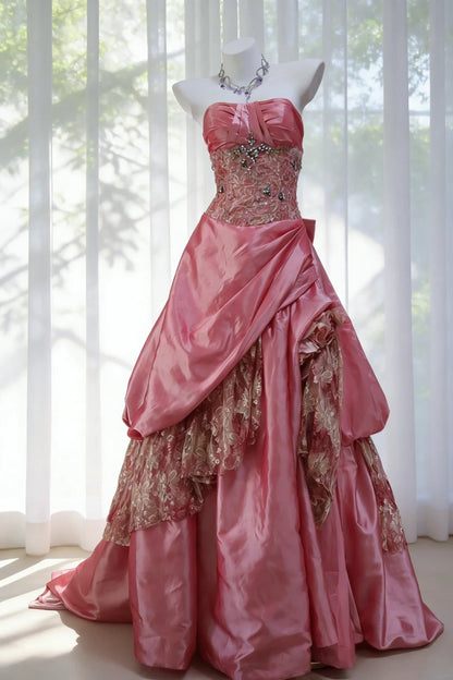 Vintage Ball Gown Strapless Pink Taffeta Prom Dresses Inspiration Long Party Evening Dress 20th Birthday Outfits AB2345