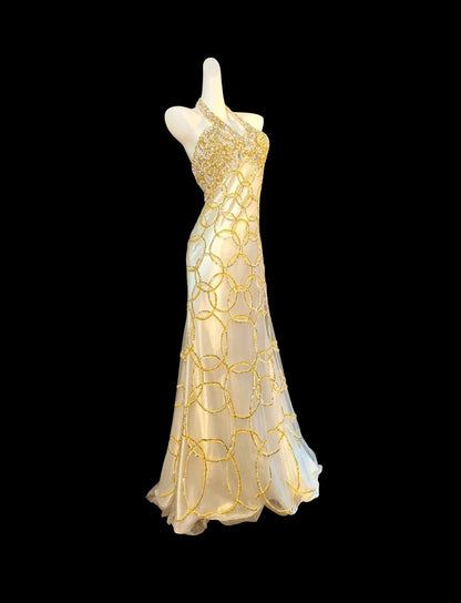 Modest Mermaid Halter Gold Beaded Long Prom Dresses High School Teens Senior Graduation Dance Party Outfits AB2518