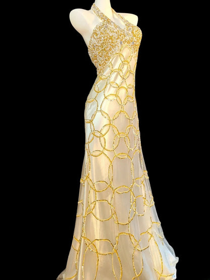 Modest Mermaid Halter Gold Beaded Long Prom Dresses High School Teens Senior Graduation Dance Party Outfits AB2518