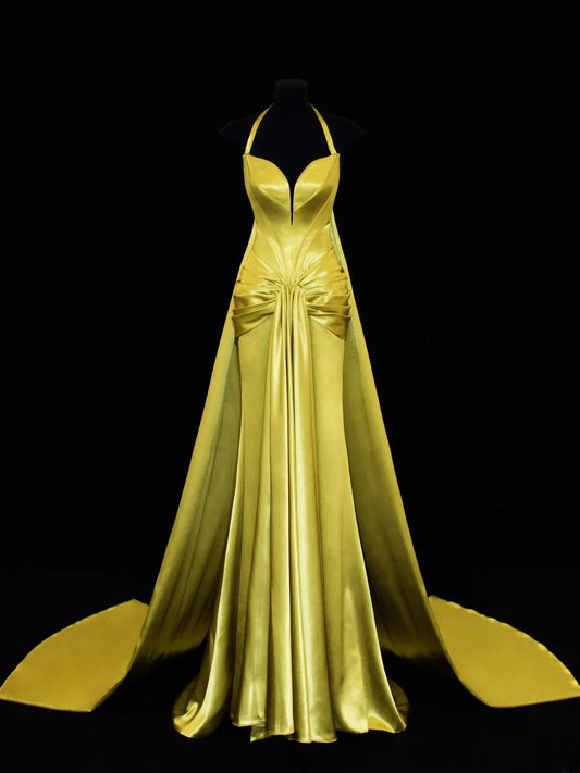 Modest Prom Dress Aesthetic Mermaid Halter Gold Sweetheart With Cape Style Impress Long Prom Dresses Party Formal Gowns SA011