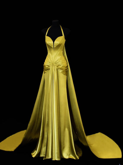 Modest Prom Dress Aesthetic Mermaid Halter Gold Sweetheart With Cape Style Impress Long Prom Dresses Party Formal Gowns SA011