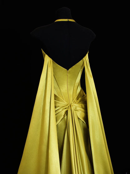 Modest Prom Dress Aesthetic Mermaid Halter Gold Sweetheart With Cape Style Impress Long Prom Dresses Party Formal Gowns SA011