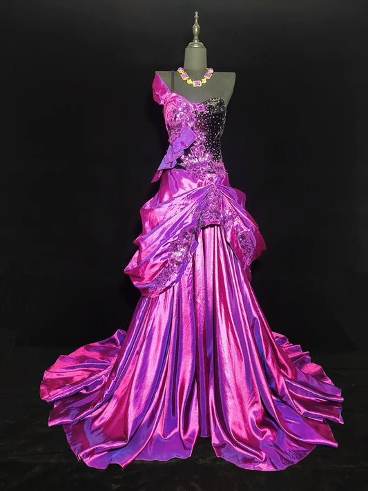 Modest A Line One Shoulder Hot Pink Satin Sleeveless Long Prom Dresses High School Senior Graduation Dance Party Outfits AS013